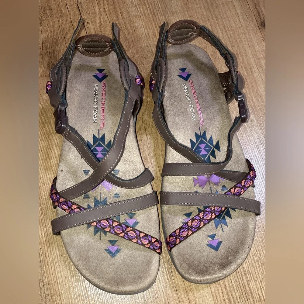 SKETCHERS women's Reggae Slim Vacay chocolate, purple and pink, size 8 Pre-Owned - Picture 1 of 8